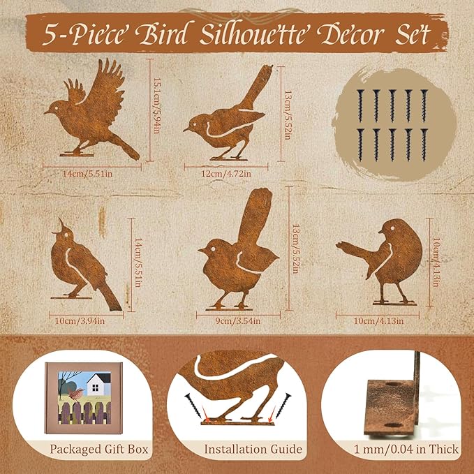 Rusty Bird Decor, Metal Yard Art, Yard Decorations Outdoor, Metal Bird Wall Art, Fence Decorations Outdoor, Rustic Garden Decor, Garden Sculptures Statues, Bird Lover Gifts (Pack of 5)