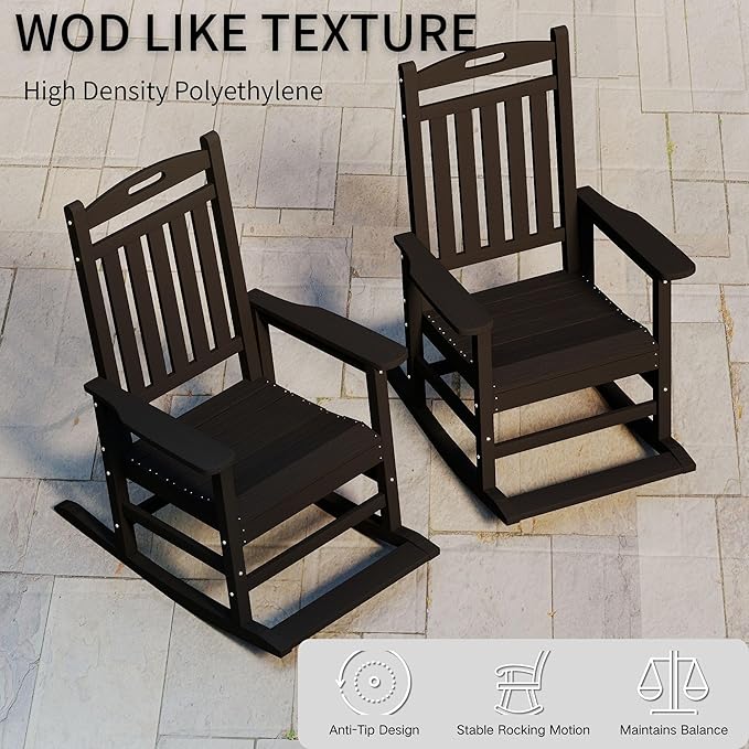 Kingdura Outdoor Rocking Chairs Set of 2, HDPE Plastic Patio Rocking Chair All-Weather Oversized Porch Rocker with High Back for Patio Outside Backyard Balcony (Black)
