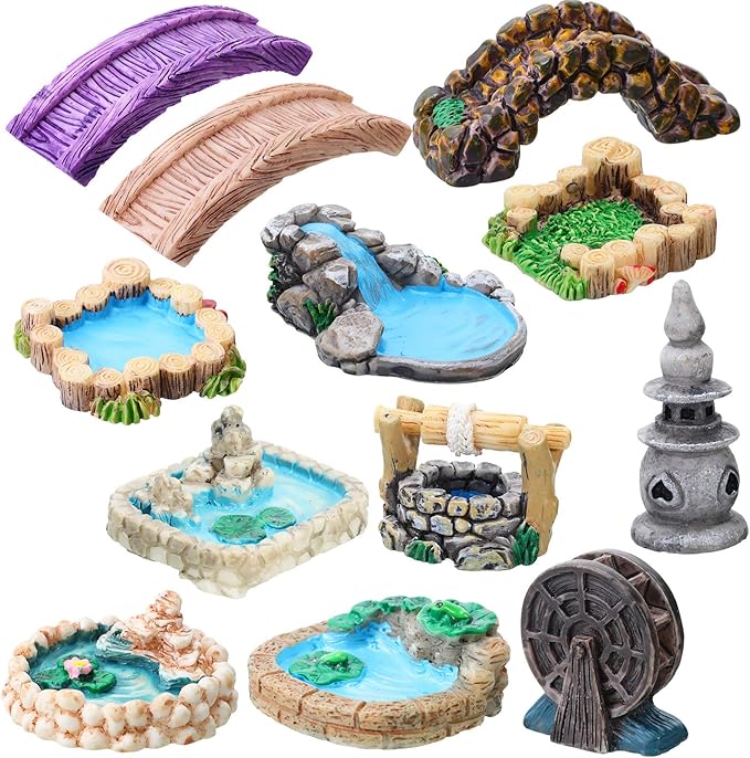 Jetec 12 Pcs Garden Accessories Miniature Bridge Mini Lighthouse Water Well Bridge Figurines Pond Lawn Ornament Figurines for DIY Craft Garden Decor(Classic Style)