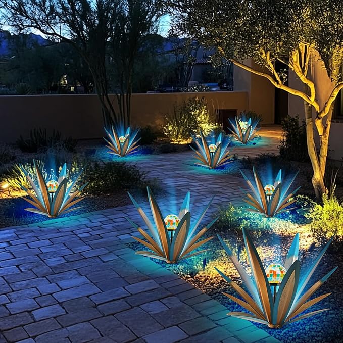 TOMBABY Solar Rustic Garden Style Metal Agave Plants Outdoor Patio, Home Decor Hand-Painted Metal Agave Garden Patio Statues, Suitable for Desert Areas, Outdoor Lawn Decorations (2 Solar Blue)