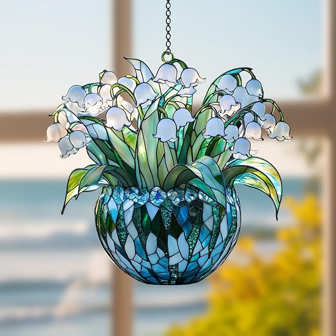 Lily of The Valley May Month Flower Acrylic Suncatcher Stained Glass Effect Window Car Hanging Christmas Ornament Indoor Outdoor Decor Garden Sun Catcher for Flower Lover Gift for Women Mom Grandma