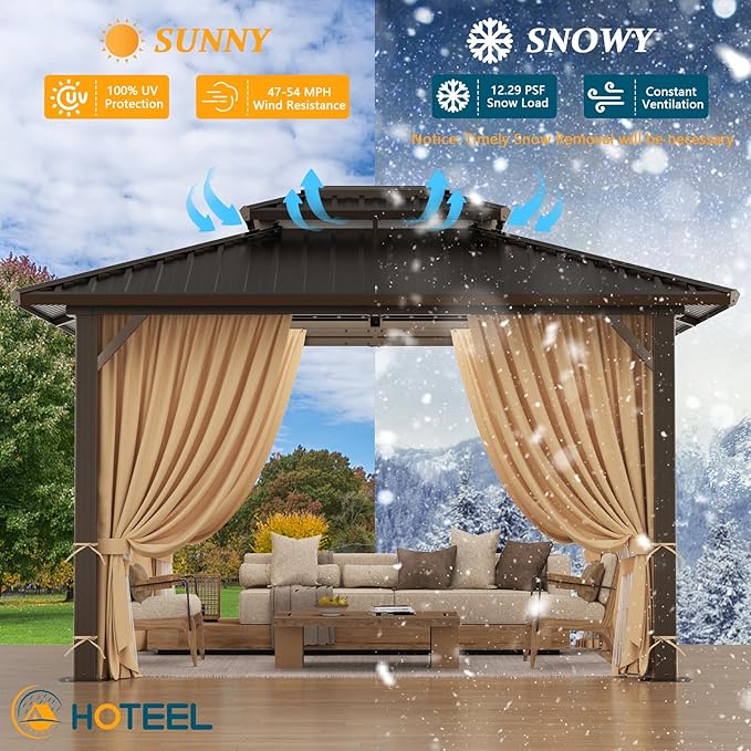 HOTEEL 10x12 Hardtop Gazebo Hot Tub Gazebo with Flame-Retardant Curtain Netting, Heavy Duty Pavilion with Galvanized Steel Double Roof, Aluminum Frame Outdoor Canopy for Patio, Party (2025 Upgraded)