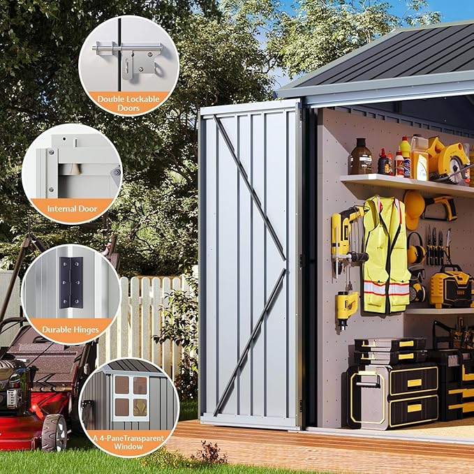Jocisland 8.5x7.1x7.5 FT Outdoor Storage Shed, Lockable Double Hinged Doors and 4 Vents, Metal Shed for Backyard Storage, Dark Black/White