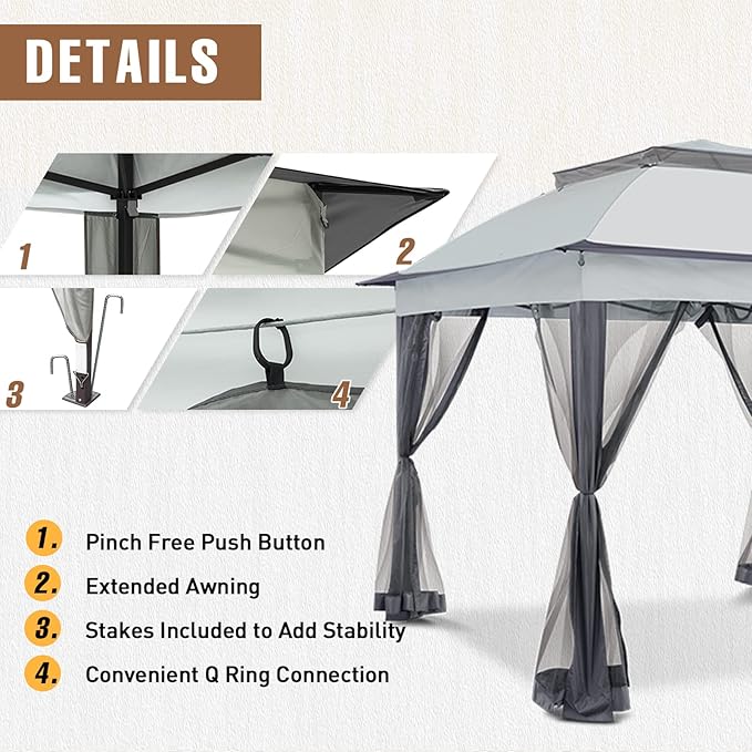 11x11 Outdoor Pop up Gazebo Tent with Mesh Walls for Patio, Lawn, Backyard and Deck, Gray
