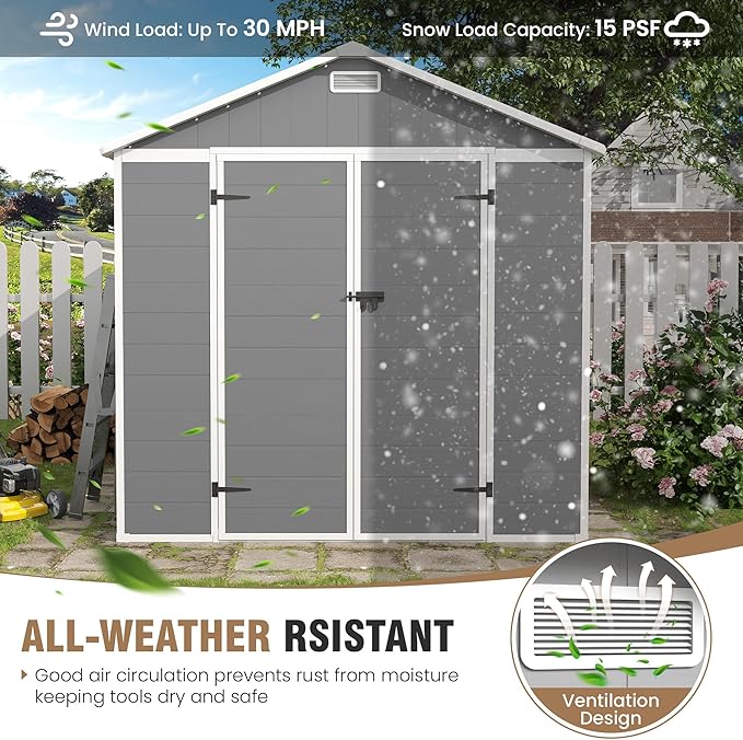 Amopatio 10x8 FT Storage Shed, Resin Outdoor Shed with Floor Included, Plastic Sheds Outdoor Storage for Bike, Garden Tools, Sheds & Outdoor Storage with Lockable Door, Window & Vents, Grey & White