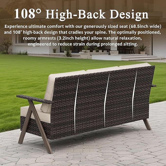 6 Piece Patio Furniture Set, Wicker Patio Conversation Set with Swivel Glider Chair and Outdoor 3-Seater Sofa and 2 Ottomans and Side Table for Deck Yard and Poolside