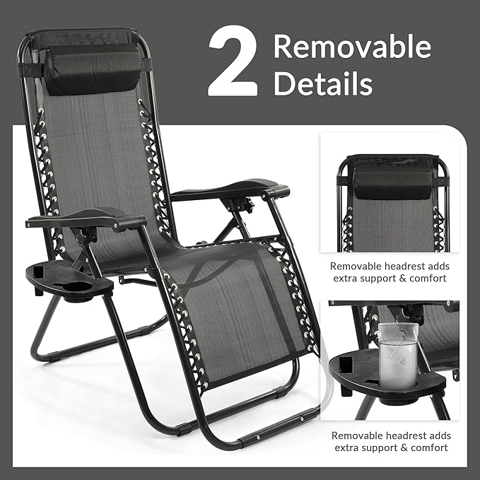Elevon Zero Gravity Chair Set of 2 with Cup Holder & Removable Pillows, Adjustable Reclining Outdoor Patio Folding Chairs Portable Lounge Chair Furniture for Poolside, Lawn, Beach, Camping, Black