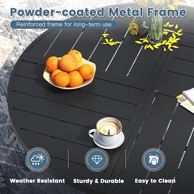DIFY 59.8" Round Outdoor Patio Dining Table for 8-10, All-Weather Metal Steel Slatted Patio Table with 1.57" Adjustable Umbrella Hole, for Lawn Garden Porch Backyard, Black