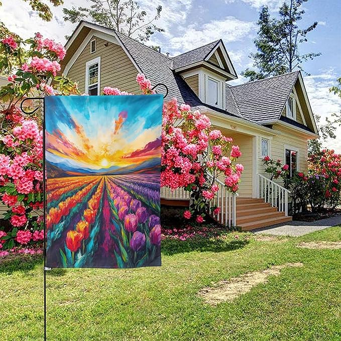 Spring Summer Tulip Lavender Garden Flag Double Sided Outdoor Yard Flags 12.5x18 Inch Burlap Banners for Decor Lawn