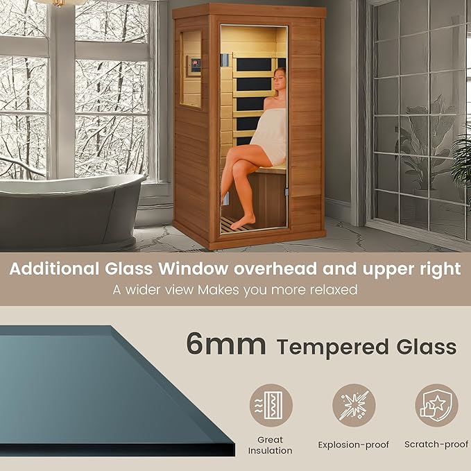 1 Person Infrared Sauna, Hemlock Wooden Indoor Dry Saunas，Full Spectrum Mini Sauna with 4 Heater Panels, Bluetooth Speaker, Tempered Glass Door, Compact and Easy to Use, 110V