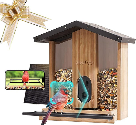 Bird Feeder with Camera Solar Powered, Smart Bird Feeder with AI Identify for 10000 Plus Species, Auto Capture & Real-time Notifications, Ideal Gift for Birdwatching, Bamboo