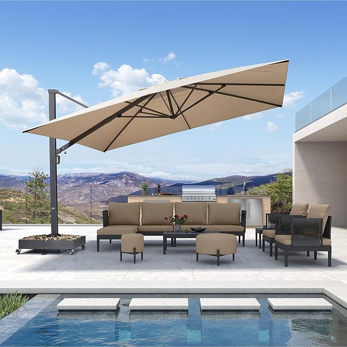 PURPLE LEAF 13 FT Square Patio Umbrella Large Outdoor Aluminum Offset Umbrella with 360-degree Rotation Cantilever Umbrella for Garden Deck Backyard Pool Beige