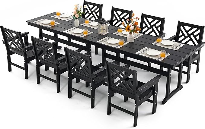 10 Piece HDPE Outdoor Dining Set for 8, Patio HDPE Furniture Set with 2 Table and Umbrella Hole, Outdoor Table and Chairs for Garden, Poolside, Backyard, Deck