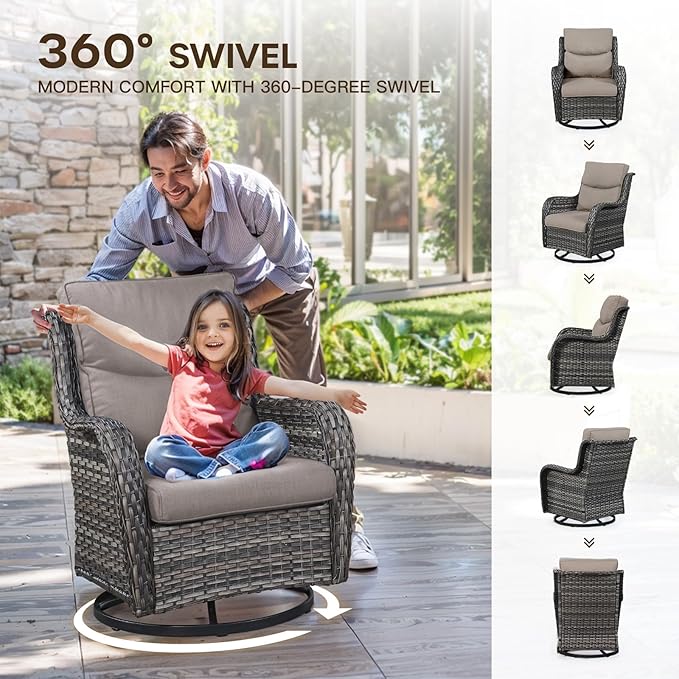 Patio Luxury Conversation Set - 6PCS Resin Wicker Swivel Chairs, 4 Chairs With Rattan Side Table and 30in Square Fire Table - Grey Wicker|Grey Cushions