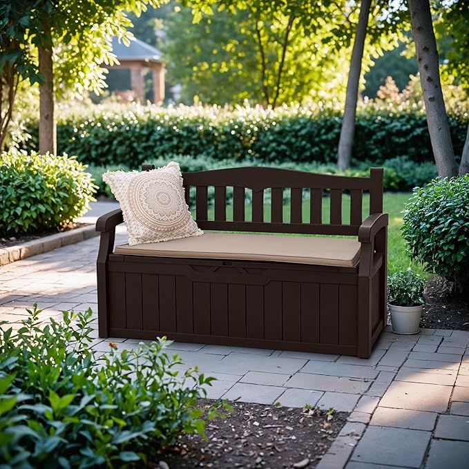 DEVOKO 80 Gallon Storage Bench Deck Box lockable for Patio Furniture, Garden Decor and Outdoor Seating for Cushions, Garden Tools and Pool Supplies.
