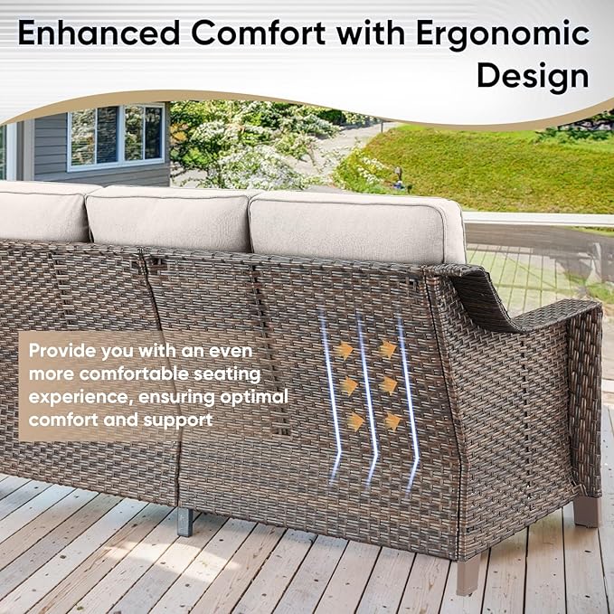 5 Pieces Wicker Patio Furniture Set-Outdoor High Back Sofa with Rattan Wicker Chairs Outdoor Furniture for Porch Garden Backyard Poolside-Brown/Beige