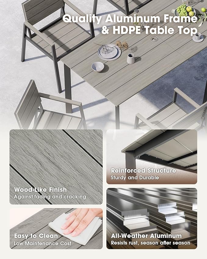 Outdoor Patio Dining set for 4，Aluminum & HDPE 5 Piece Patio Table and Chairs Set with Umbrella Hole, Modren Rectangular Patio Furniture Set with All-weather Table and 4 chairs (Classic Gray)