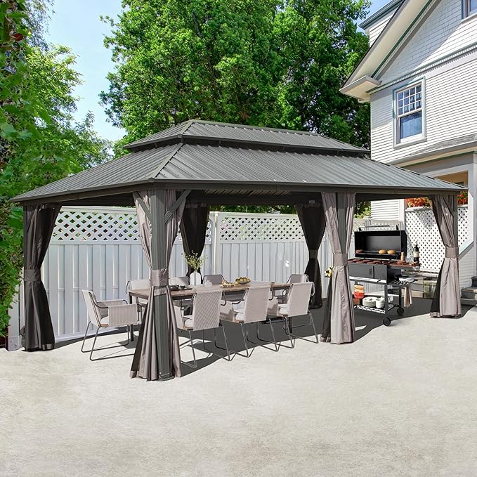 Domi 12' x 20' Hardtop Gazebo Permanent Metal Gazebo with Galvanized Steel Double Roof, Curtains and Netting for Patio, Backyard, Deck, Lawn, Grey