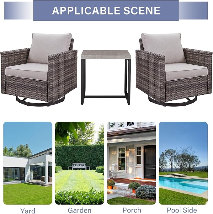 Outdoor Patio Swivel Rocker Chairs - 3 Piece Wicker Patio Furniture Bistro Swivel Rocking Chairs Set with Comfortable Cushions,Sturdy Metal Frame and Side Table for Porch Deck(Mixed Grey/Beige)