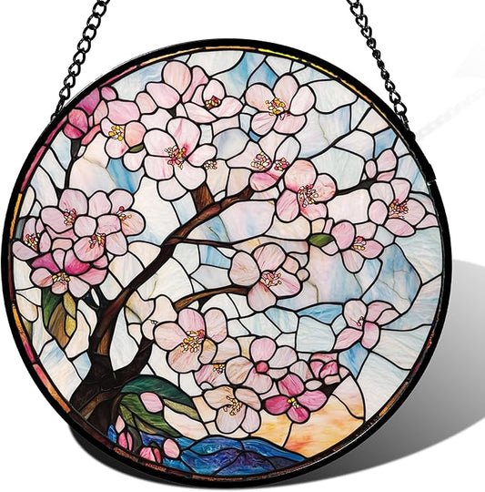 Stained Glass Window Hanging - Cherry Blossoms Suncatcher for Door Garden Home Decor Pink Flowers Sun Catcher Christmas Birthday for Friend Lovers Women Mom Nana 15 in