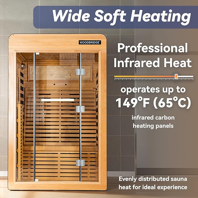 Woodbridge Infrared Home Sauna Room 2 Person Hemlock Wooden Indoor Sauna,7 Carbon 2230W/120V Heaters,with Led Color Therapy Light,Bluetooth Speaker,Tempered Glass,Touch-Tone Keypad and A Top Vent