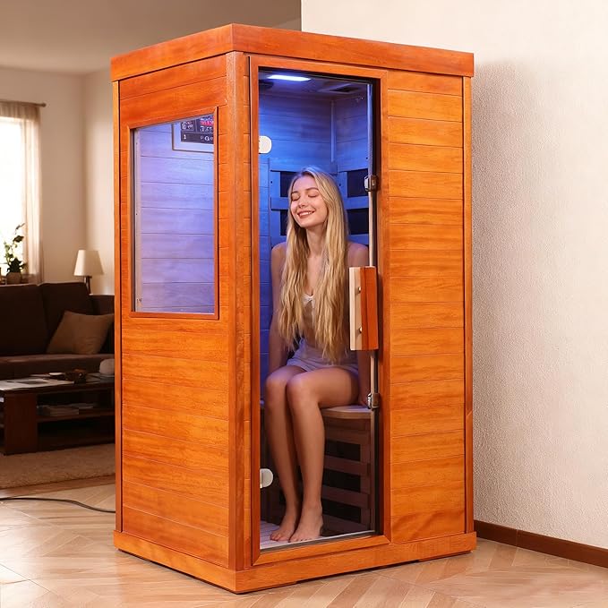 Far Infrared Saunas for Home, 1 Person Sauna Indoor Okoume Wood 1170W Low Emf Dry Sauna Room with Bluetooth Audio, 6 Heaters Panels and Tempered Glass Door (Natural, 35.4" * 27.5" * 63.3")