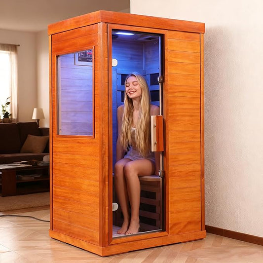 Far Infrared Saunas for Home, 1 Person Sauna Indoor Okoume Wood 1170W Low Emf Dry Sauna Room with Bluetooth Audio, 6 Heaters Panels and Tempered Glass Door (Natural, 35.4" * 27.5" * 63.3")