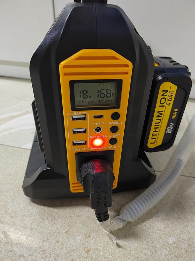 350W Power Inverter Compatible with Dewalt 20v Battery 2-Ports DC 20V to AC 110-120V Pure Sine Wave Battery Inverter with LED Light, 3 USB-A Port,1 Type-C Port,1DC Port for Camping Emergency
