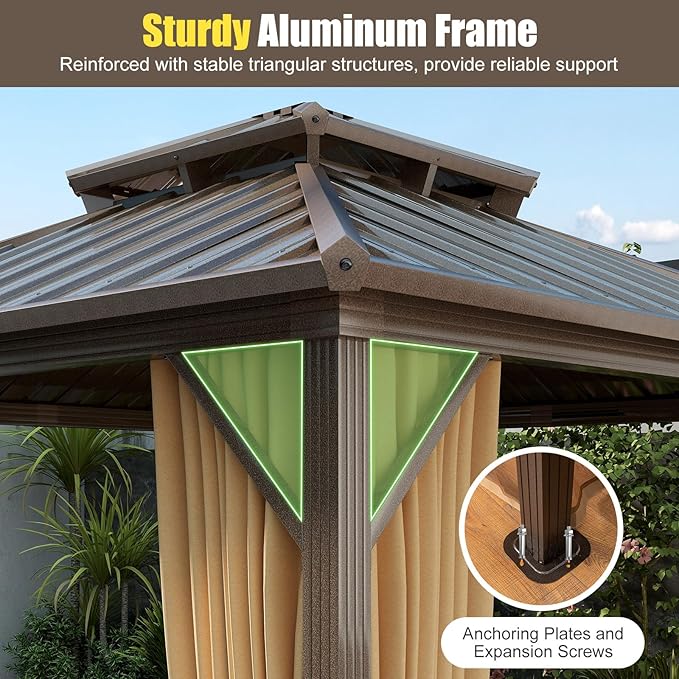 Tangkula 10x10 FT Hardtop Gazebo, Permanent Pavilion Shelter with Netting & Curtain, Heavy-Duty Double Galvanized Metal Roof, Aluminum Frame, Outdoor Gazebo for Patio Garden Deck Lawn Backyard