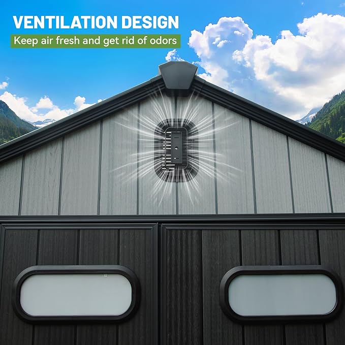 8X10FT Outdoor Resin Storage Shed, Waterproof Plastic Garden Shed with Lockable Door, Windows & Vents, Outside Storage Tool Shed for Patio Furniture, Lawn Mower, Bike