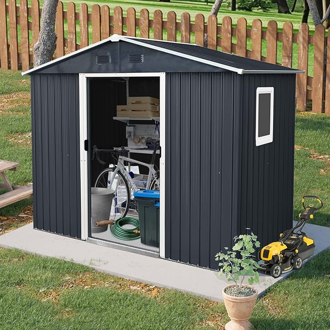 8x4 FT Outdoor Storage Shed,Metal Shed with Window & Floor,Garden Shed W/Air Vent & Lockable Sliding Door,All Weather Waterproof Tool House W/Sloped Roof,for Backyard,Patio,Lawn,Black+White