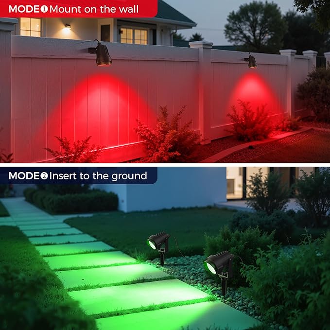 L LOHAS LED Red and Green Christmas Spotlight Outdoor, Auto On/Off 5W Landscape Lighting, 120V IP66 Waterproof Spot Lights for Yard House Holiday Trees Decoration, UL Listed, 2 Pack
