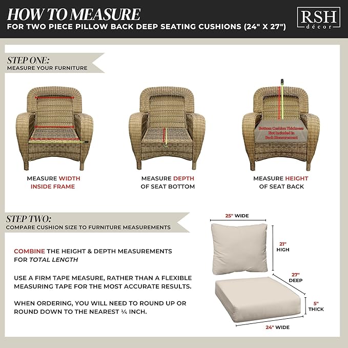 RSH DECOR: Deep Seating Cushion with Pillow Back | 24” x 27” Seat | All-Weather Spun Fabric | Water and Fade-Resistant | Outdoor Chair Cushion Set for Patio Furniture | Tan