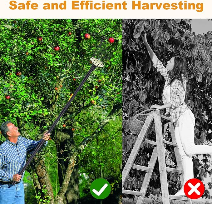 Fruit Picker Pole with Basket, 10.7FT (130 Inch) Adjustable Fruits Picker Tool with Stainless Steel Handle Fruit Grabber Reach Tool for Apple Mango Pear Avocados Fruit Picking, Black
