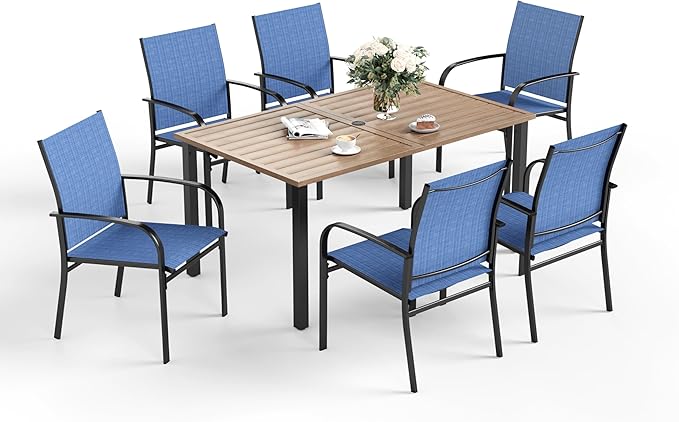 Patio Dining Set for 6, Rectangular Wood-Like Metal Table with Umbrella Hole and 6 Dining Chairs, Outdoor Table and Chairs for Lawn Garden Backyard and Deck,Blue