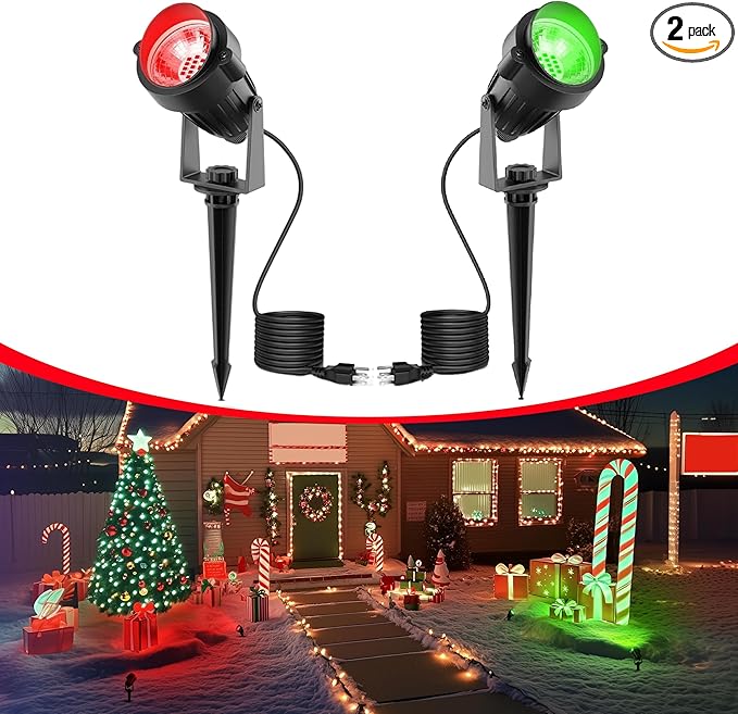 L LOHAS LED Red and Green Christmas Spotlight Outdoor, Auto On/Off 5W Landscape Lighting, 120V IP66 Waterproof Spot Lights for Yard House Holiday Trees Decoration, UL Listed, 2 Pack