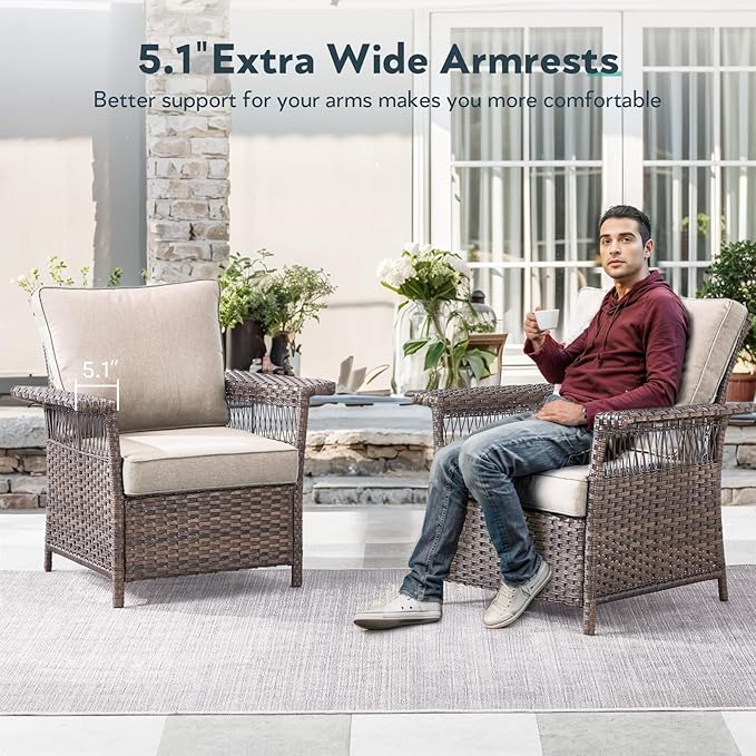 Wicker Outdoor Chairs Set of 2 - Hollow Widen Armrests Patio Furniture Set with Comfortable Thickened Cushion, High Back Outdoor Rattan Chairs for Balcony Porch Deck and Yard - Brown/Beige