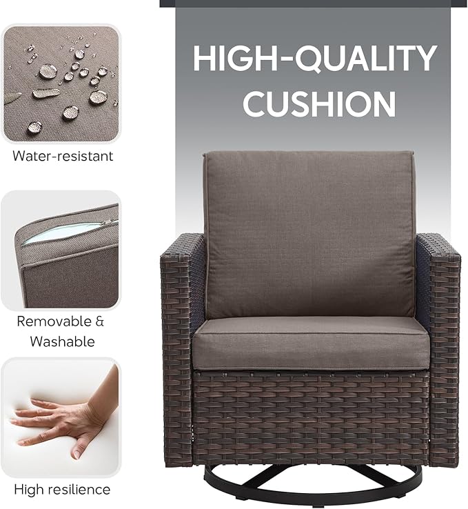 9 Piece Wicker Patio Furniture Set - Outdoor Swivel Rocker Chairs Set with Coffee Table, Rattan Chairs, 3 Seat Sofa & Ottomans, Patio Conversation Sets for Bcakyard Deck - Brown/Grey