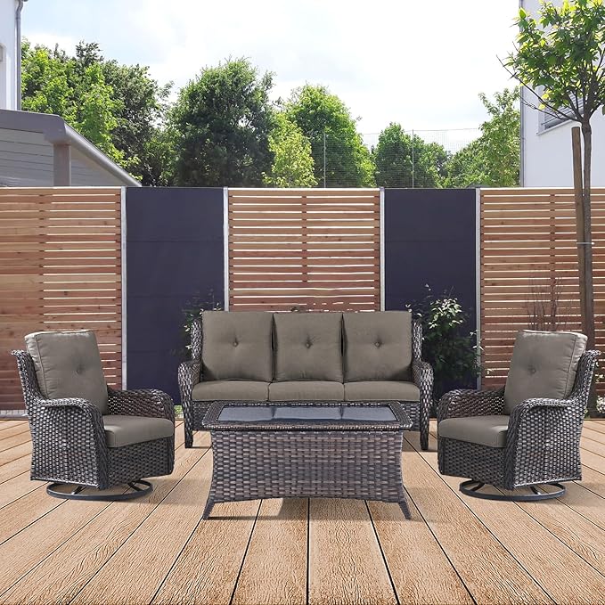Patio Furniture 4 Piece, All-Weather PE Wicker Outdoor Furniture Set with Coffee Table,Outdoor Patio Furniture with Swivel Rocker Chairs and Outdoor Sofa