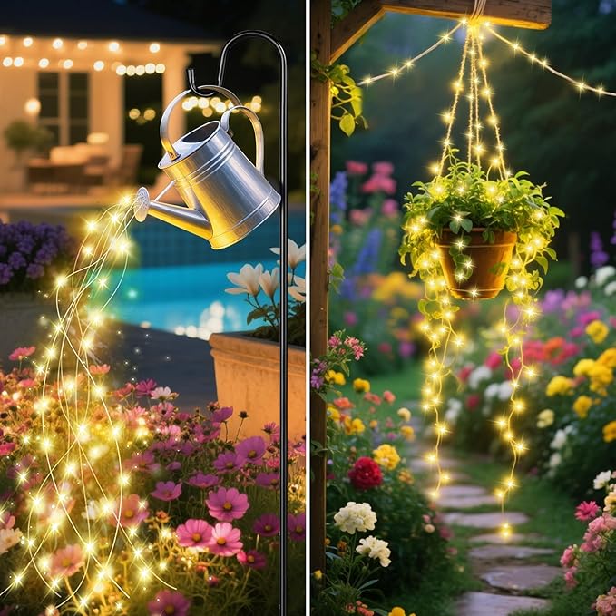 ANGMLN Solar Fairy String Lights Outside, 10 Strand 200 LEDs 8 Modes Watering Can Light for Outdoor（No Can）, Firefly Bunch Lights Waterproof Solar Powered Waterfall Lights for Garden Decor