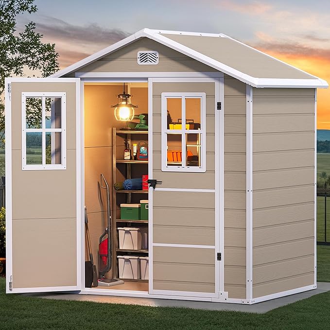 DWVO 6x4.4 FT Outdoor Storage Shed, Plastic Garden Tool Shed with 2 Windows, Double-Wall Outside Shed for Lawn Mower, Garden Tool for Backyard, Patio, Lawn, Lockable, Beige