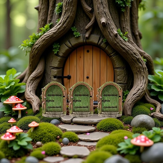 JJLFresheners 3Pcs Green Fairy Door Wooden Miniature Fairy Garden Doors Outdoor Mini Gnome House Accessories for Tree Trunk Ornaments Miniatures, Garden Sculptures and Statues, Fairy Door