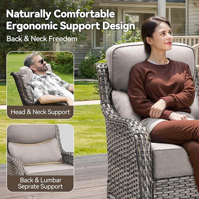 HUMMUH Outdoor Patio Wicker Swivel Rocker Chairs Set of 2 with 6-Inch Thick Cushion High Back Wicker Conversation Set for Porch Balcony Deck