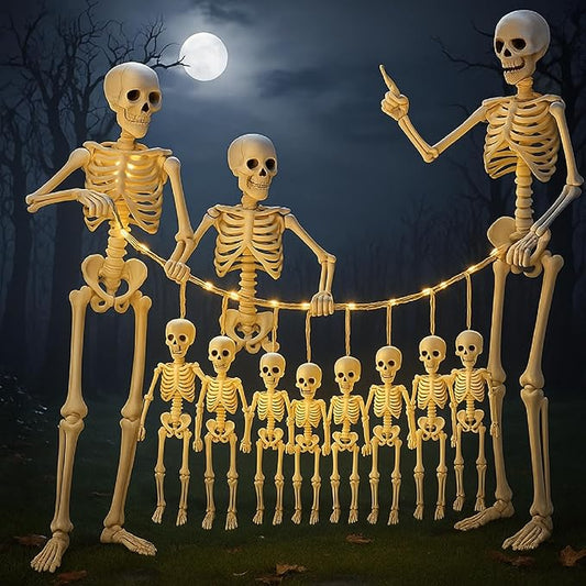 11 Pcs Halloween Skeleton Decorations Realistic Full Body Movable Joints Halloween Plastic Skeleton for Cemetery, Yard, Indoor and Outdoor Party Decoration