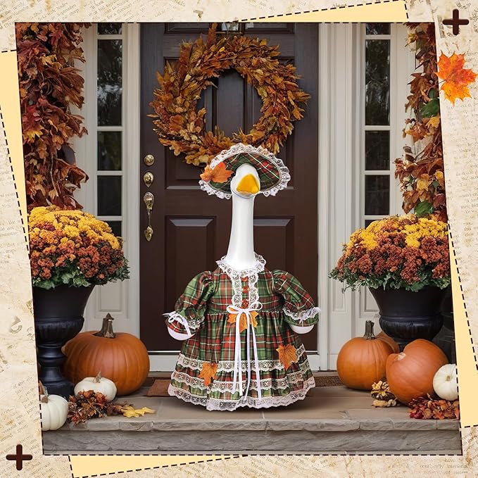Suzile Fall Porch Goose Outfit Autumn Clothes for 23" High Cement or Plastic Goose Costume Plaid Dresses for Yard Lawn Outdoor Garden Patio Statue Thanksgiving Day Xmas Holiday Decor