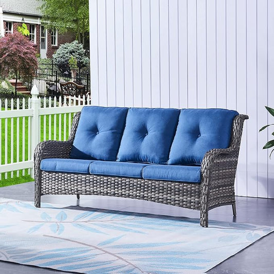 HUMMUH 3-Seat Outdoor Wicker Sofa PE Rattan Patio Couch with Cushions,Deep Seat High Curved Back Armset Patio Sofa