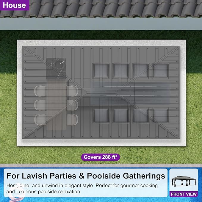 PURPLE LEAF 12' x 24' Patio Hardtop Gazebo Metal Roof Heavy Duty Wind Resistance Outdoor Permanent Large Pavilion Gazebo for Patio Deck and Garden, Netting and Curtains Included, Light Grey