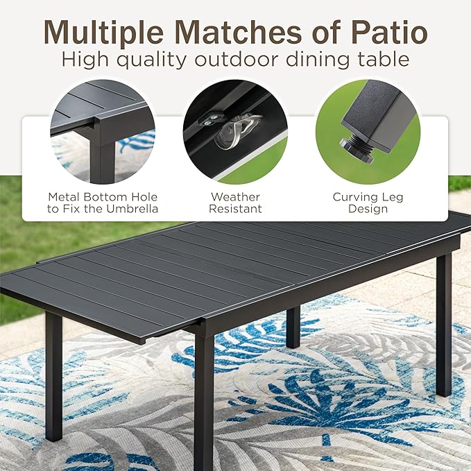 PHI VILLA 9 Piece Large Outdoor Dining Table Set for 8, Expandable Rectangular Steel Dining Table & Cushioned Rattan Wicker Chairs, Dining Furniture Set for Patio, Deck, Yard