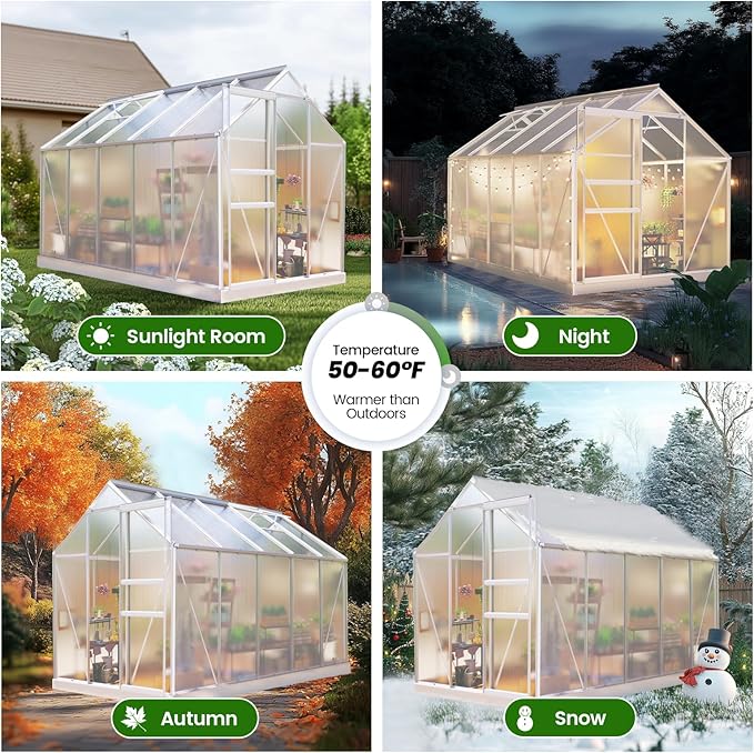 10x6ft Polycarbonate Greenhouse, Heavy Duty Walk-in Aluminum Greenhouse for Outdoors, with Ventilation Window, Sliding Door, Rain Gutter, Green House for Plants Backyard Silver