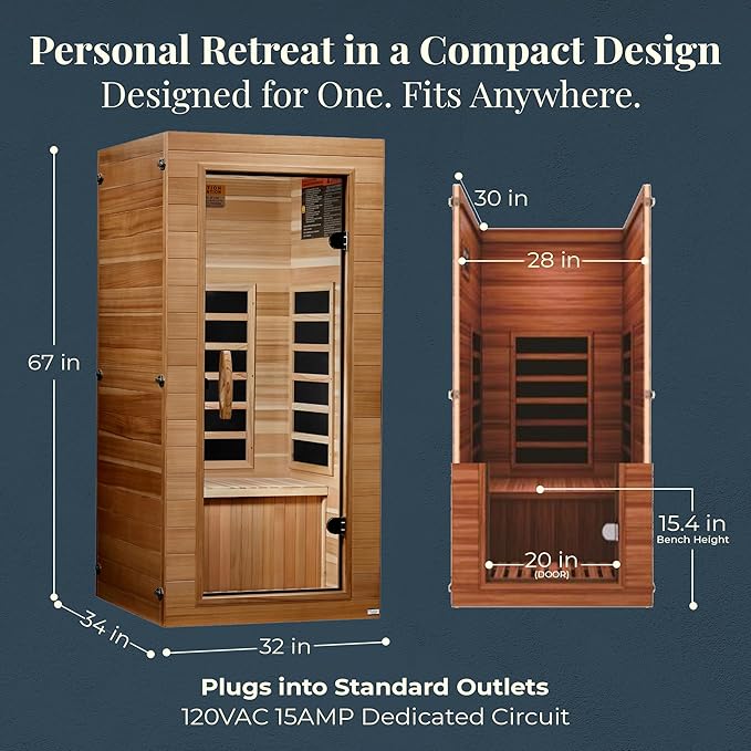 DYNAMIC SAUNAS Elite 1 Person Compact Ultra Low EMF FAR Infrared Sauna with Red Light Therapy & Bluetooth Speakers - Personal Indoor for Home & Gym